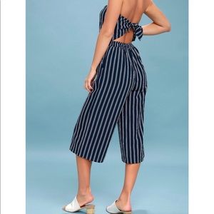 Lulu’s Blue Striped Strapless Midi Jumpsuit